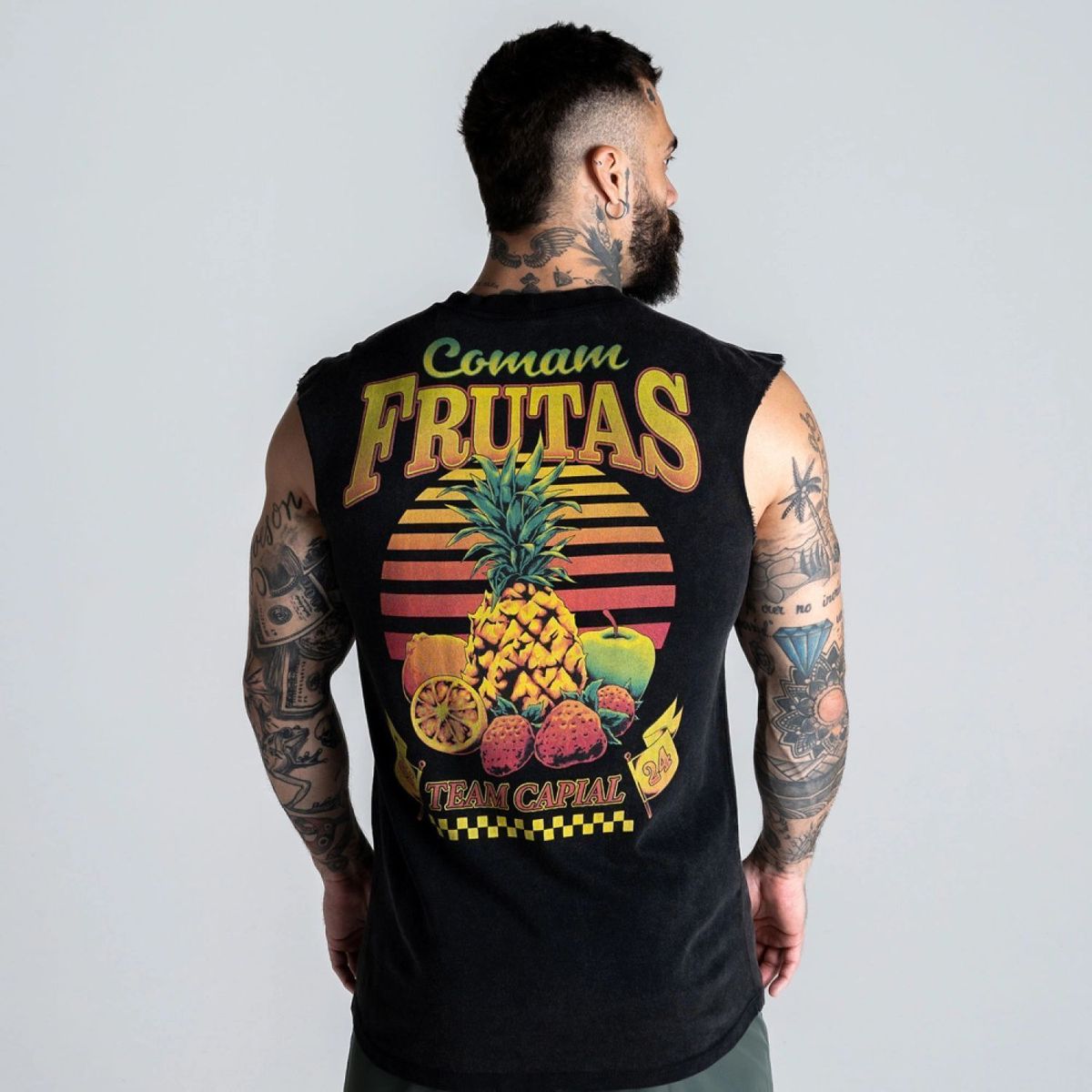 Regata Drop Shoulder Slevelles Estonada Comam Frutas Preto