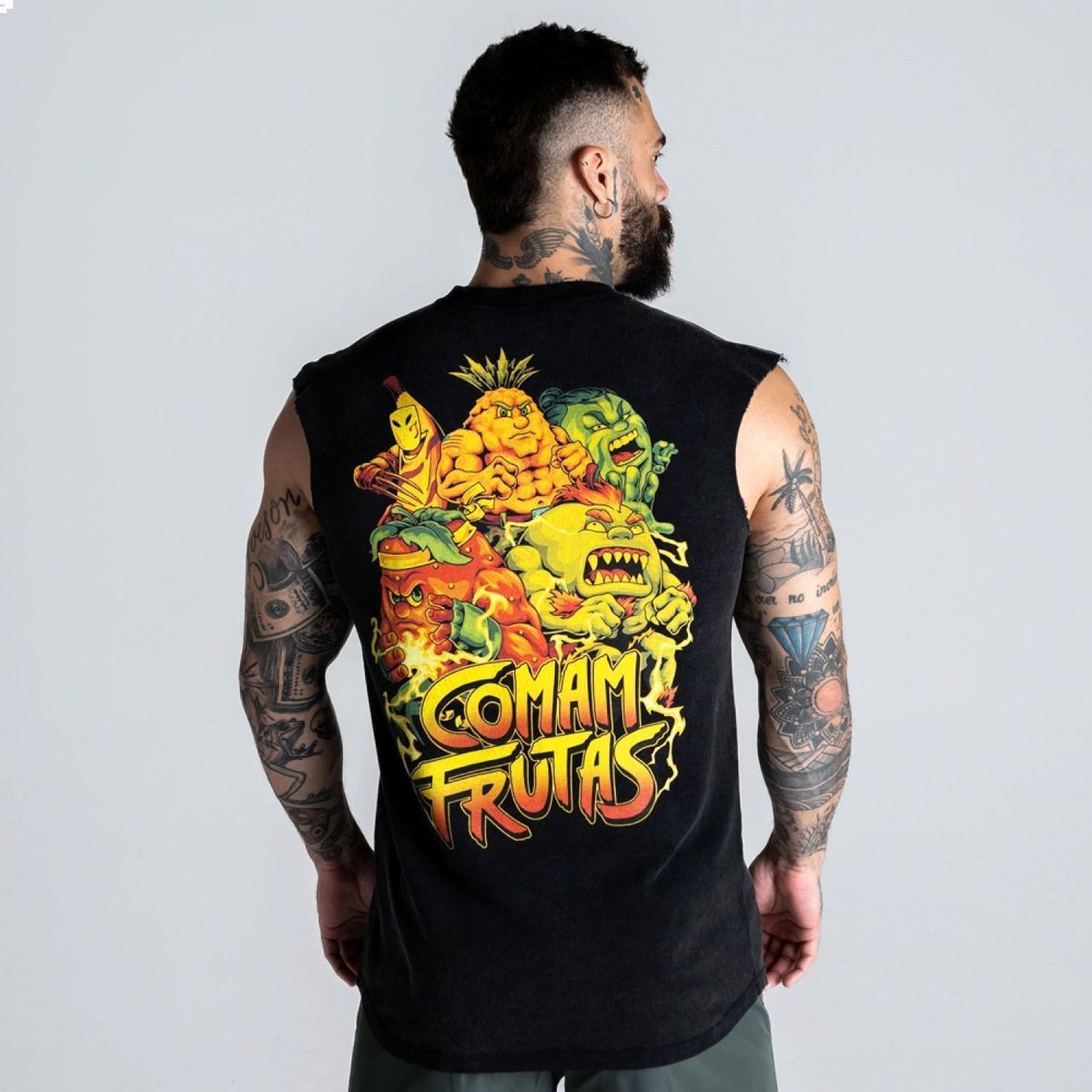 Regata Drop Shoulder Slevelles Estonada Comam Frutas Preto