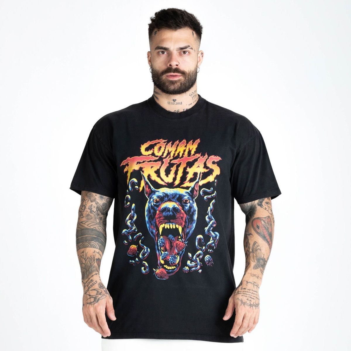 Camiseta Oversized Estonada Comam Frutas Dogs Fruits Preto