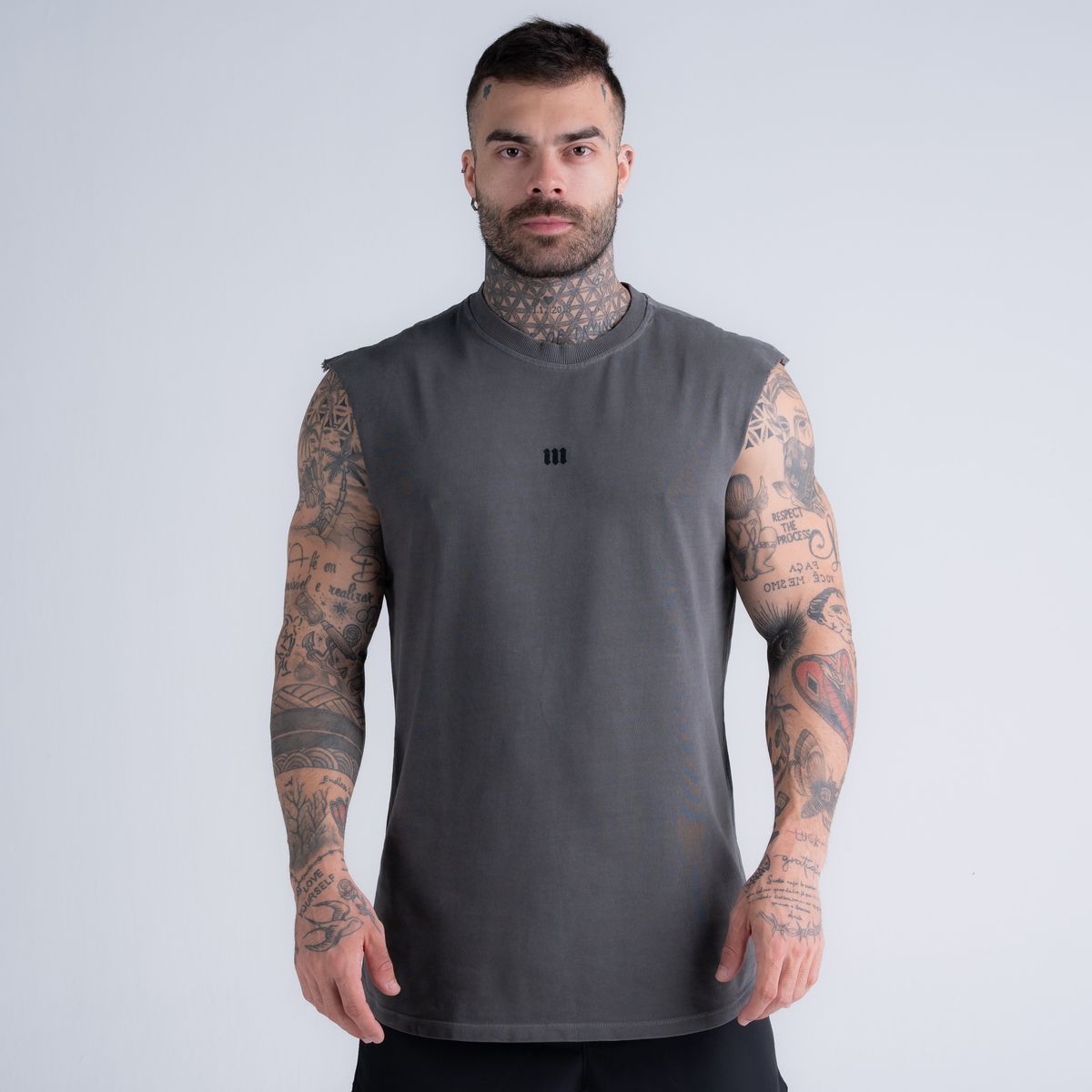 Regata Drop Sholder Estonada Logo Cinza