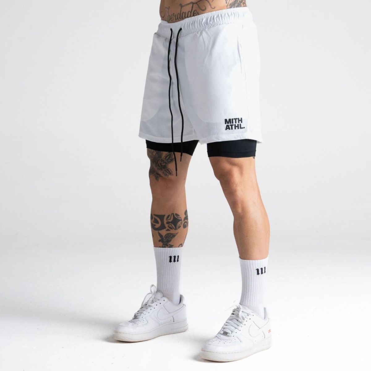 Shorts Curto Tactel com Shorts Legging Mith Athl Branco