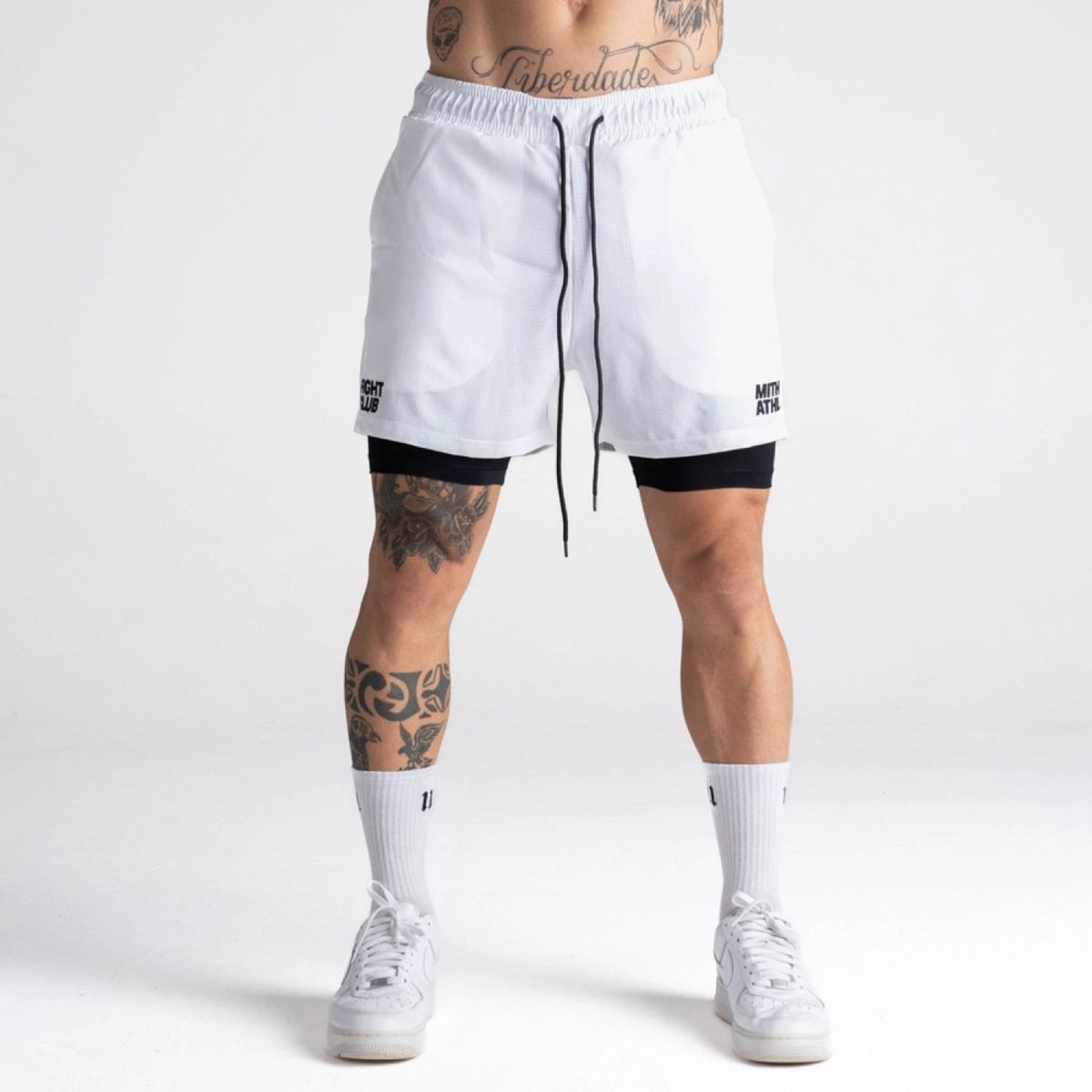 Shorts Curto Tactel com Shorts Legging Mith Athl Branco