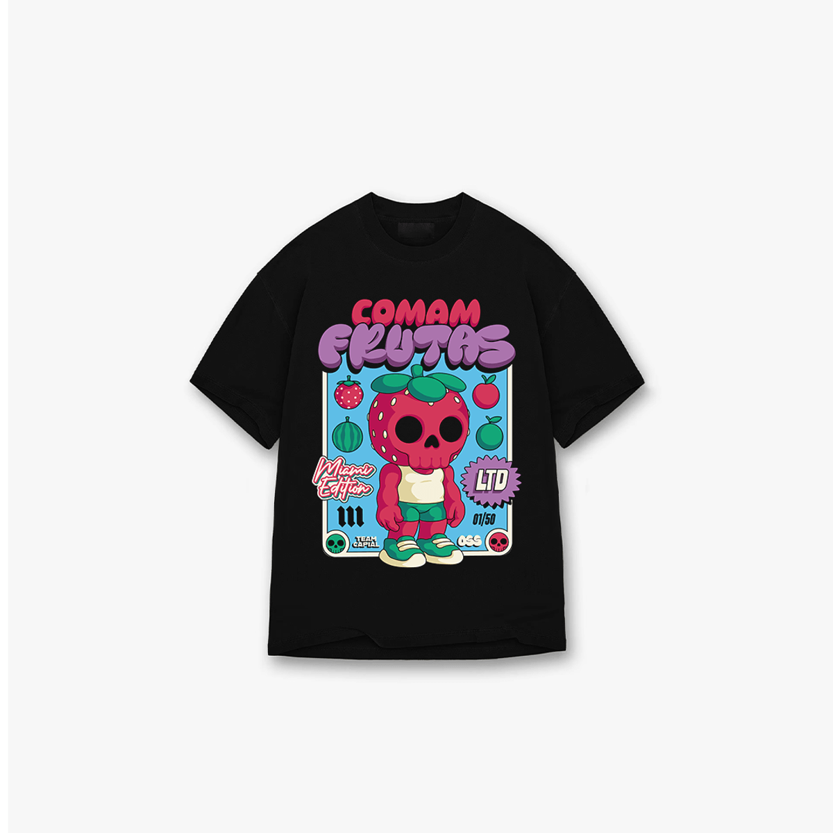 Camiseta Oversized Comam Frutas Neon Toyart Preto